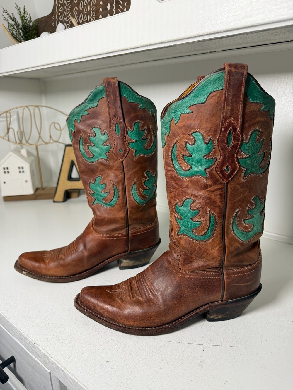 Old West Women’s 6 Brown Turquoise Leather Western Cowboy Boots